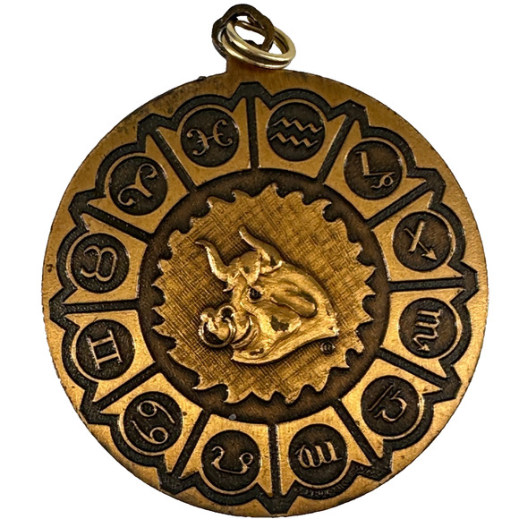 Vintage Aquarius Zodiac Coin Pendant Bronze Astrology Medallion Taurus Reverse - Picture 2 of 4